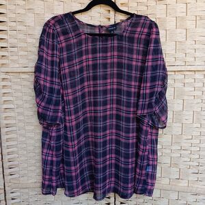 Torrid Sheer Chiffon Pink and Black Plaid Blouse 3/4 Sleeves Ruched